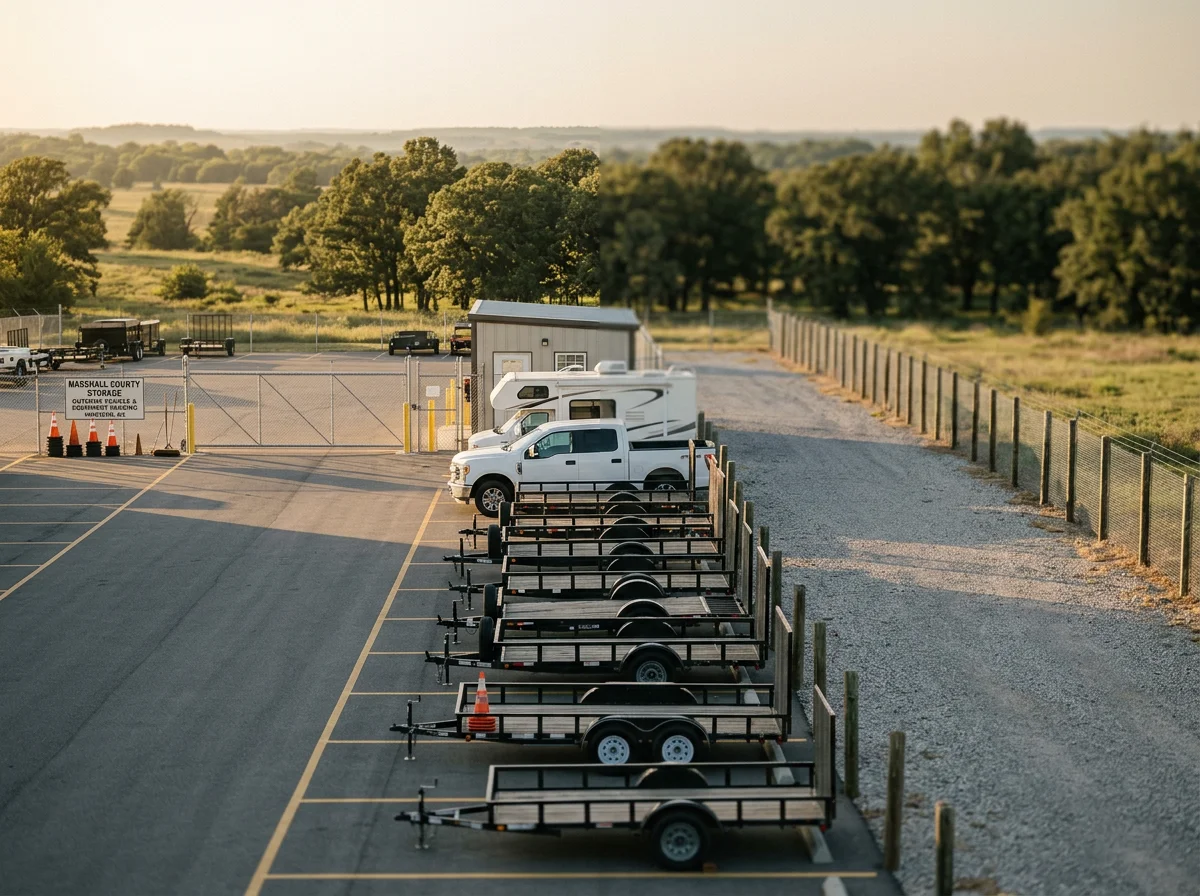 Gated storage facility with outdoor parking spaces for trailers and fleet vehicles.