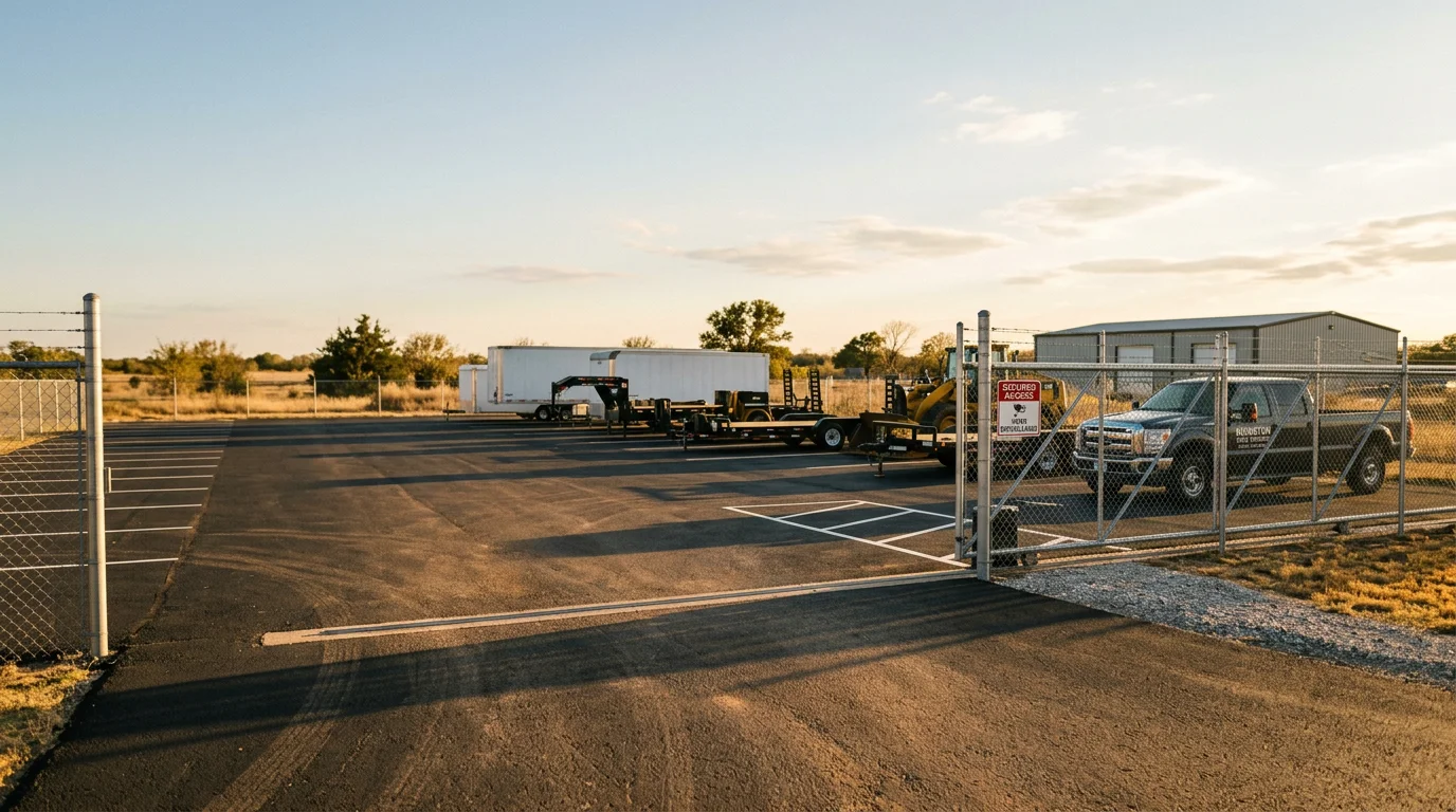 Gated outdoor parking lot with marked spaces for vehicles and trailers