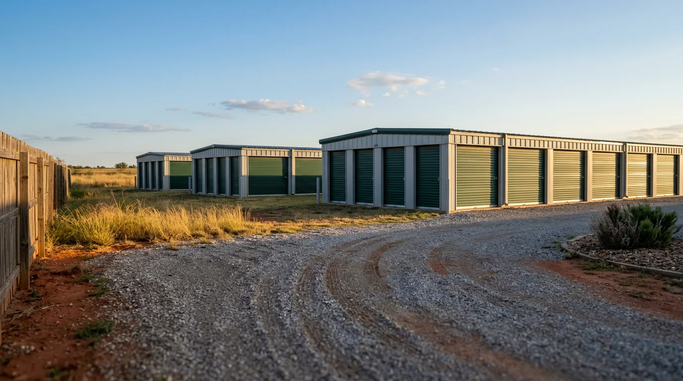 Secure gated storage facility with organized outdoor spaces for equipment and trailers