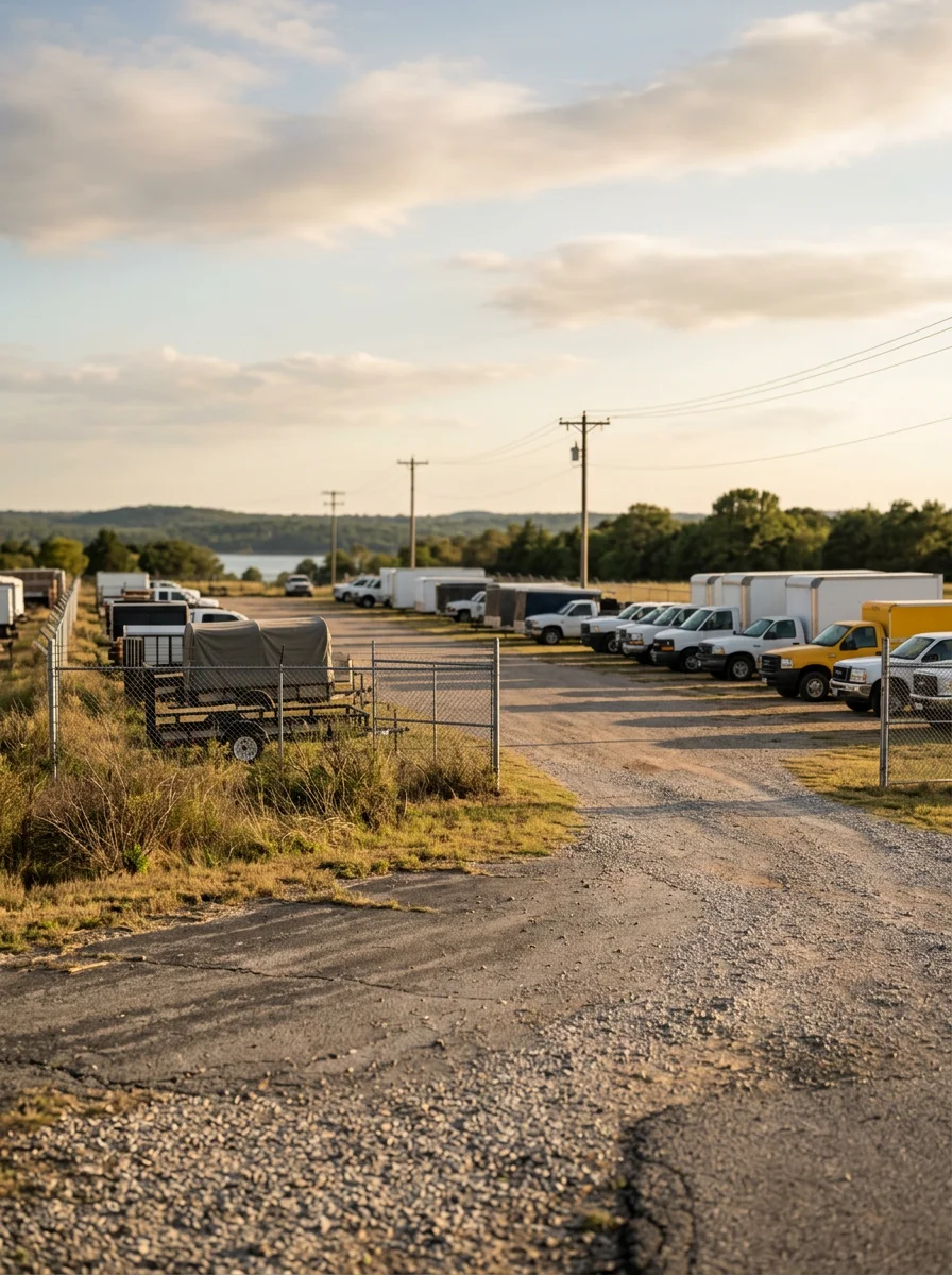 Fleet parking area in Marshall County showing organized equipment storage near Lake Texoma region with clear access roads