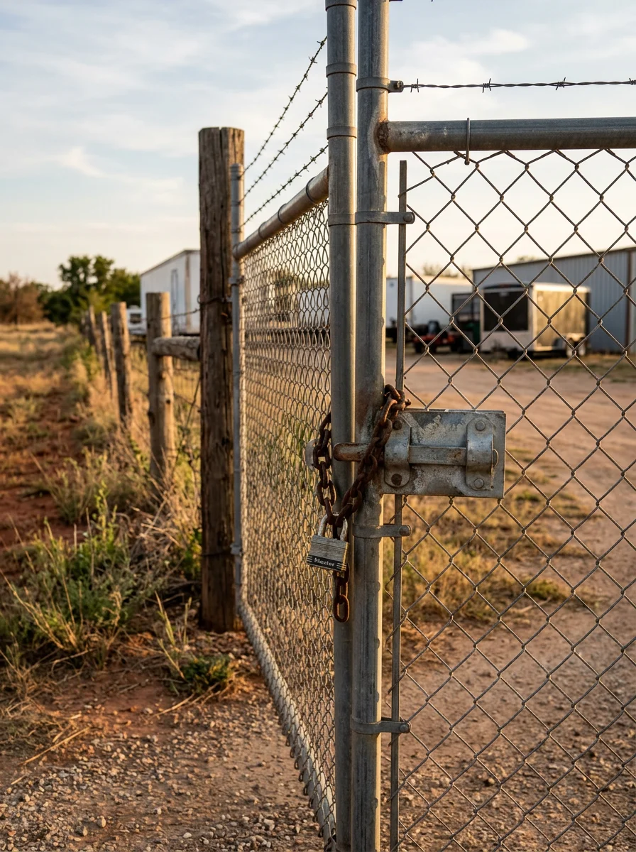 Close-up of a secured gate entrance to an outdoor trailer parking facility in Marshall County, Oklahoma.