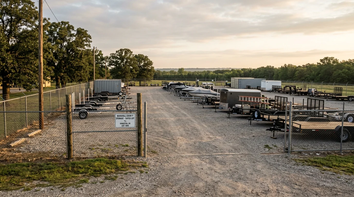 A gated outdoor storage lot in Kingston, Oklahoma with boat trailers and work equipment parked in organized rows near Lake Texoma.