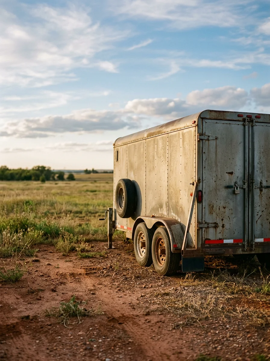 A work trailer parked in a secured outside storage spot in Marshall County, Oklahoma, with open sky and flat terrain visible in the background.