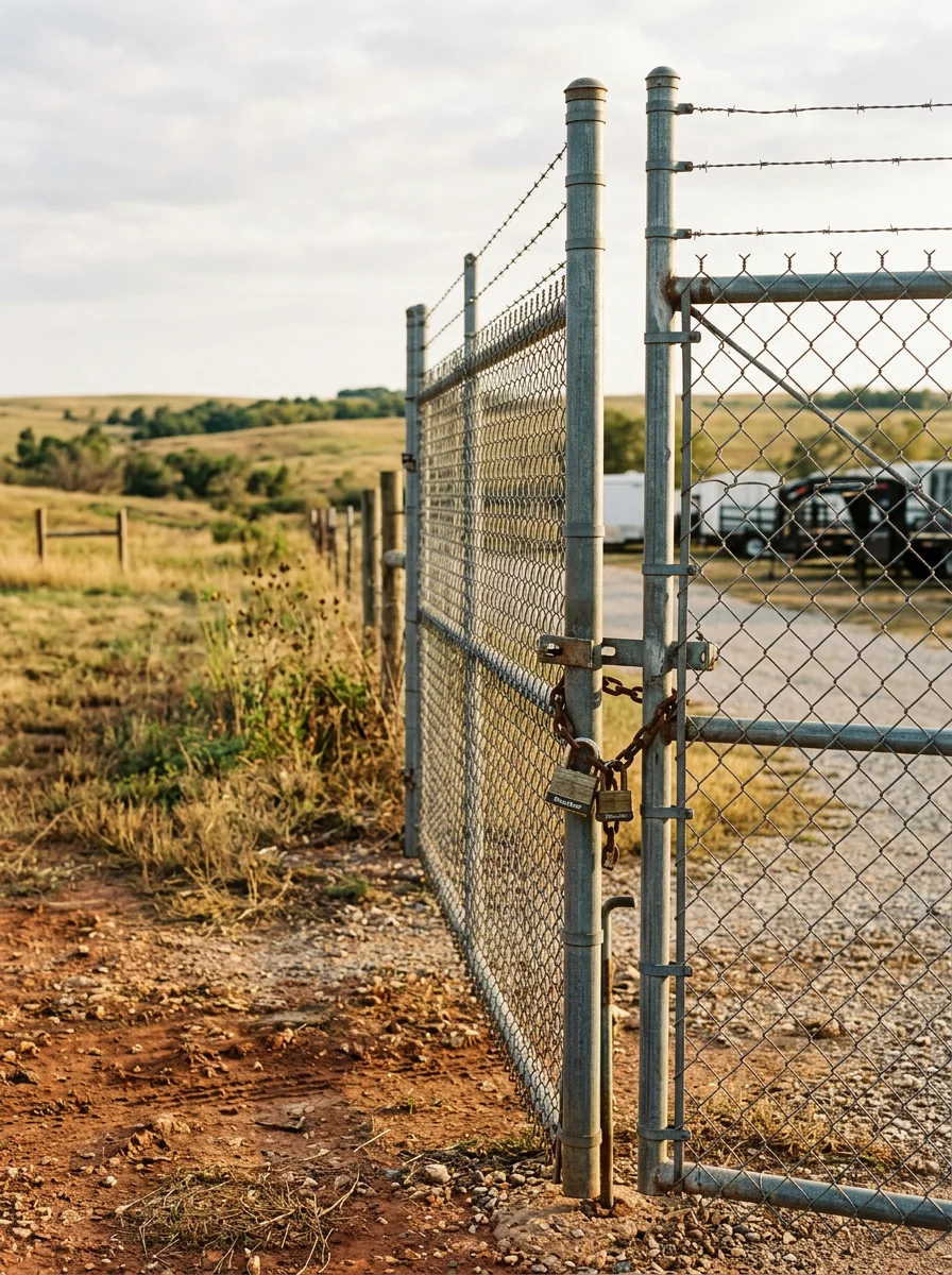A secured gate entrance to an outside storage lot in Marshall County, Oklahoma, with rolling prairie terrain and open sky visible in the background.