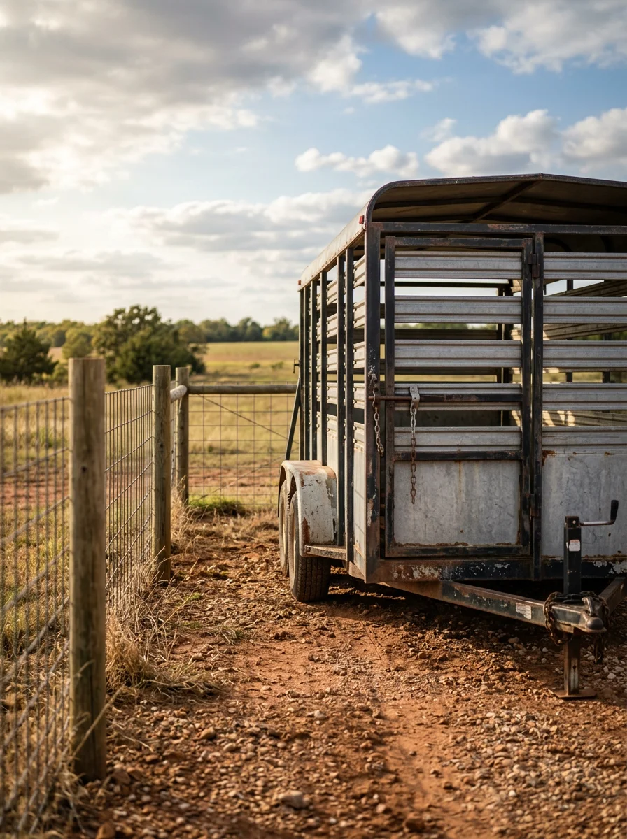 A livestock trailer parked in a secured outside storage spot in southern Oklahoma, with red clay soil and open pasture land visible nearby.