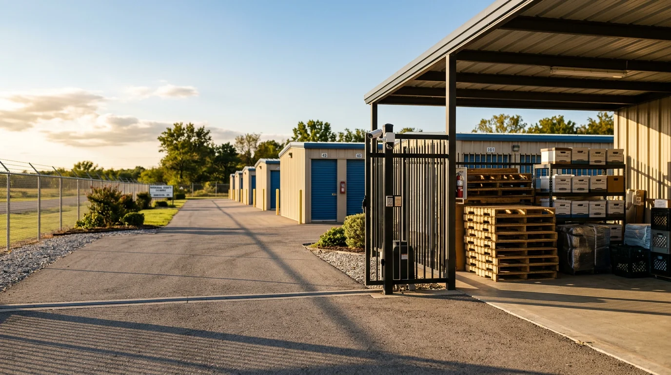 A clean, well-maintained outdoor storage facility in Kingston, Oklahoma with open space for business assets. The lot is tidy and accessible, reflecting active on-site management by the facility owner.