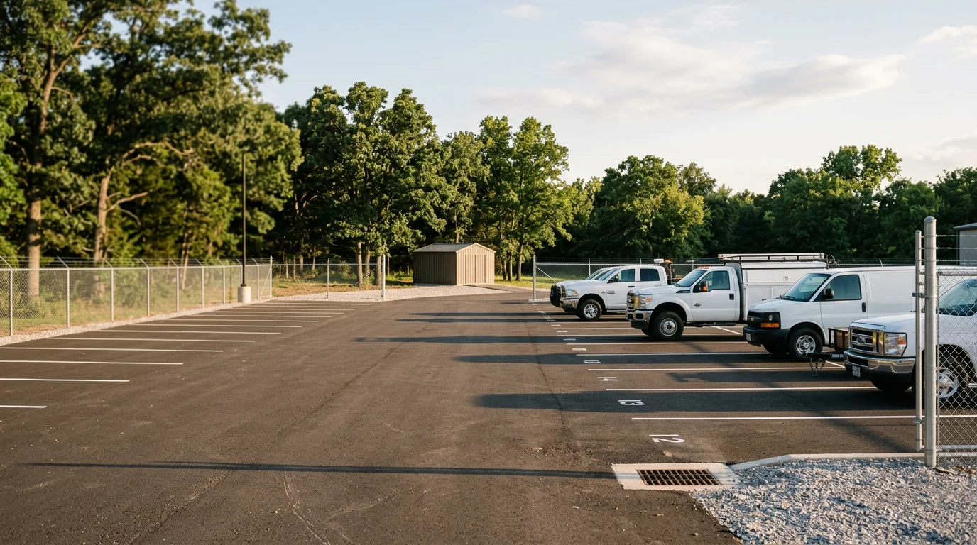 A clean, open parking lot at Marshall County Storage in Kingston, Oklahoma, with work trucks and business vehicles parked in organized rows. The lot is well-maintained and accessible, set against a clear Oklahoma sky.