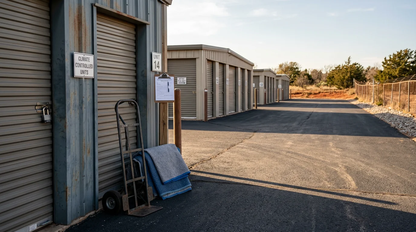 Exterior view of a storage facility in Kingston, Oklahoma with open units sized for business equipment and trailer storage. A business owner reviews available spaces with the on-site manager in Marshall County.