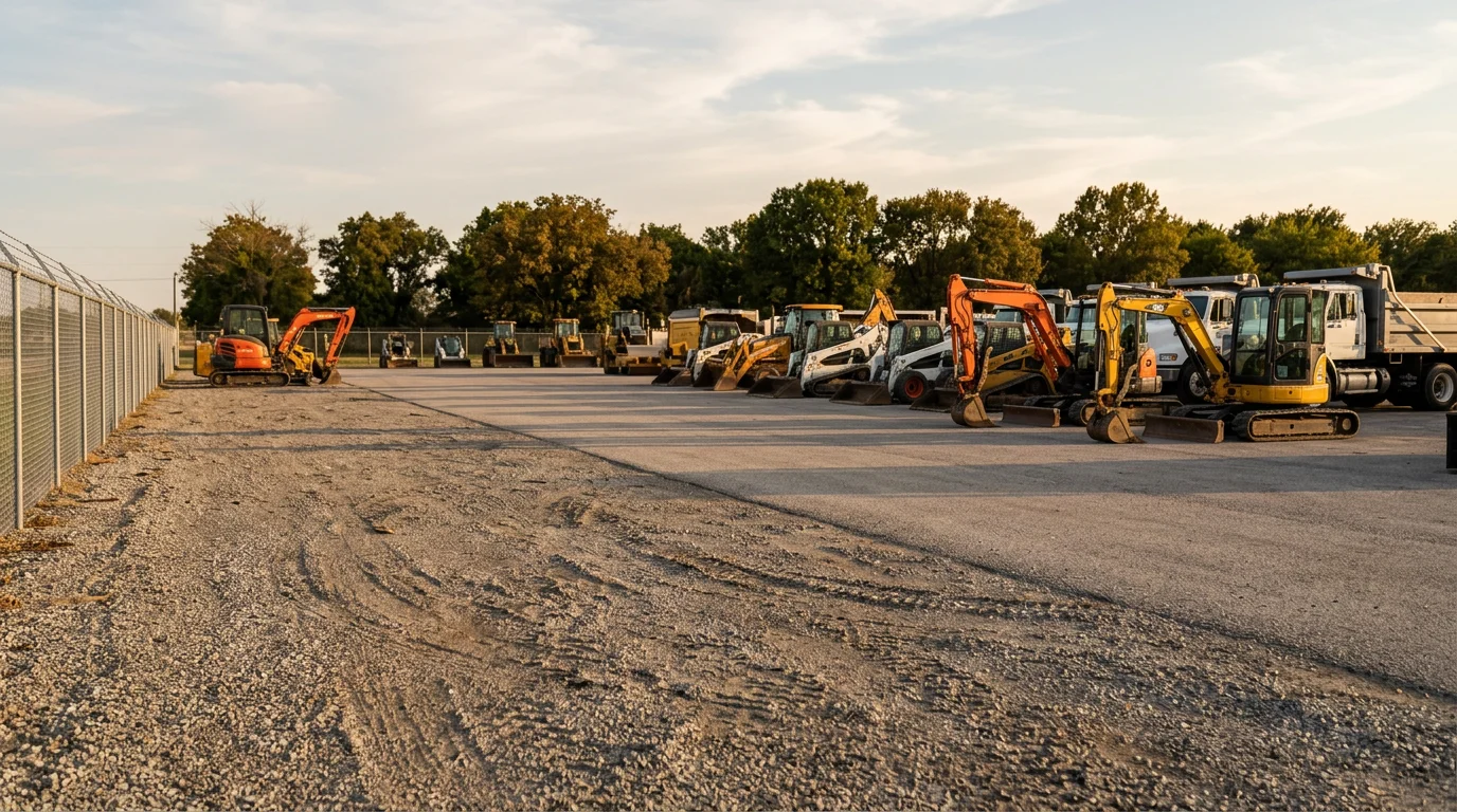 A gravel equipment parking lot in Kingston, Oklahoma with heavy contractor equipment parked in organized rows under an open sky. The lot is well-maintained and surrounded by a clear perimeter, reflecting an active on-site management presence in Marshall County.