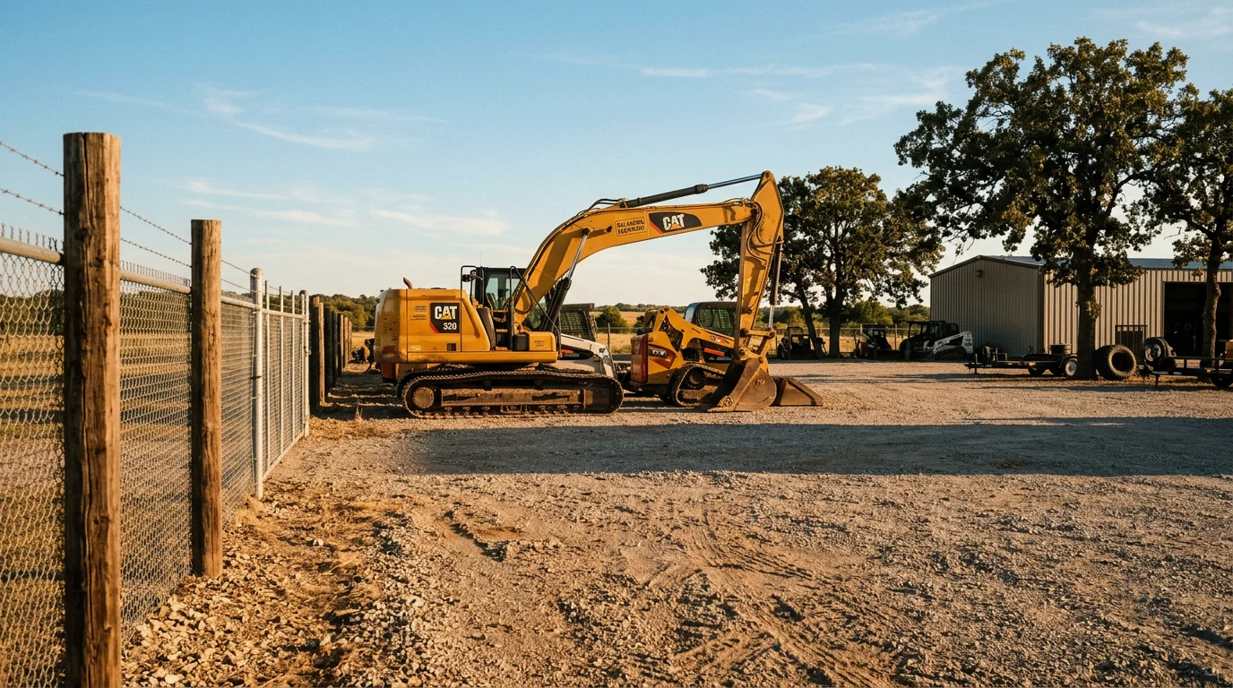 Outdoor equipment storage lot at Marshall County Storage in Kingston, Oklahoma, with open space for parking heavy equipment and trailers used by local business operators.