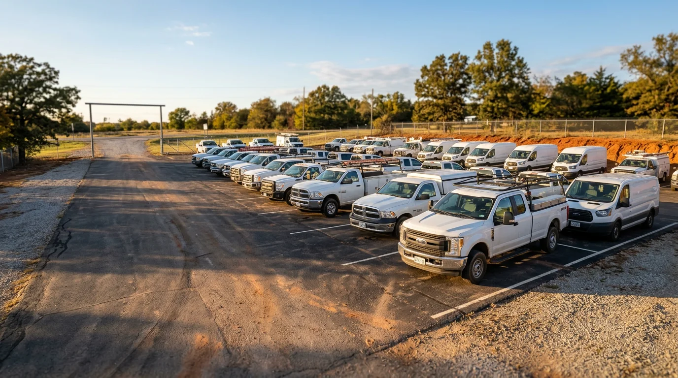 A row of commercial work trucks parked in an outdoor lot at Marshall County Storage in Kingston, Oklahoma. The lot serves local business fleets operating across Marshall County.