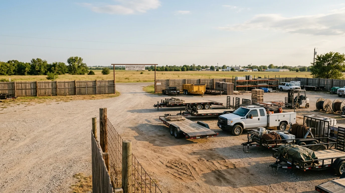 An open outside storage lot at Marshall County Storage in Kingston, Oklahoma, with business equipment and work assets parked in an organized row on a clear day. The lot reflects a well-maintained, owner-operated facility serving businesses across Marshall County.