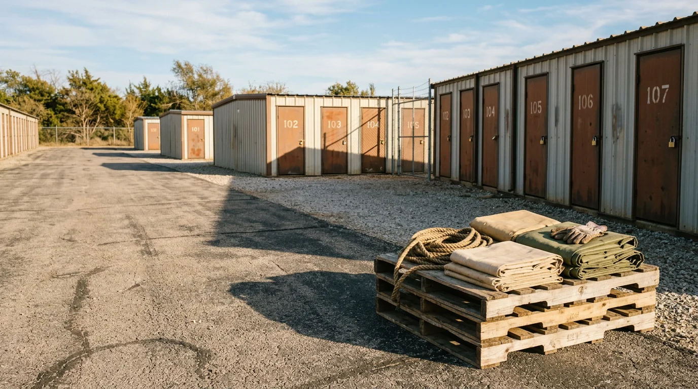 A clean, organized outdoor storage facility in Kingston, Oklahoma with seasonal equipment and gear secured in dedicated spaces. The facility sits in a rural Marshall County setting with clear drive access for loading and unloading.