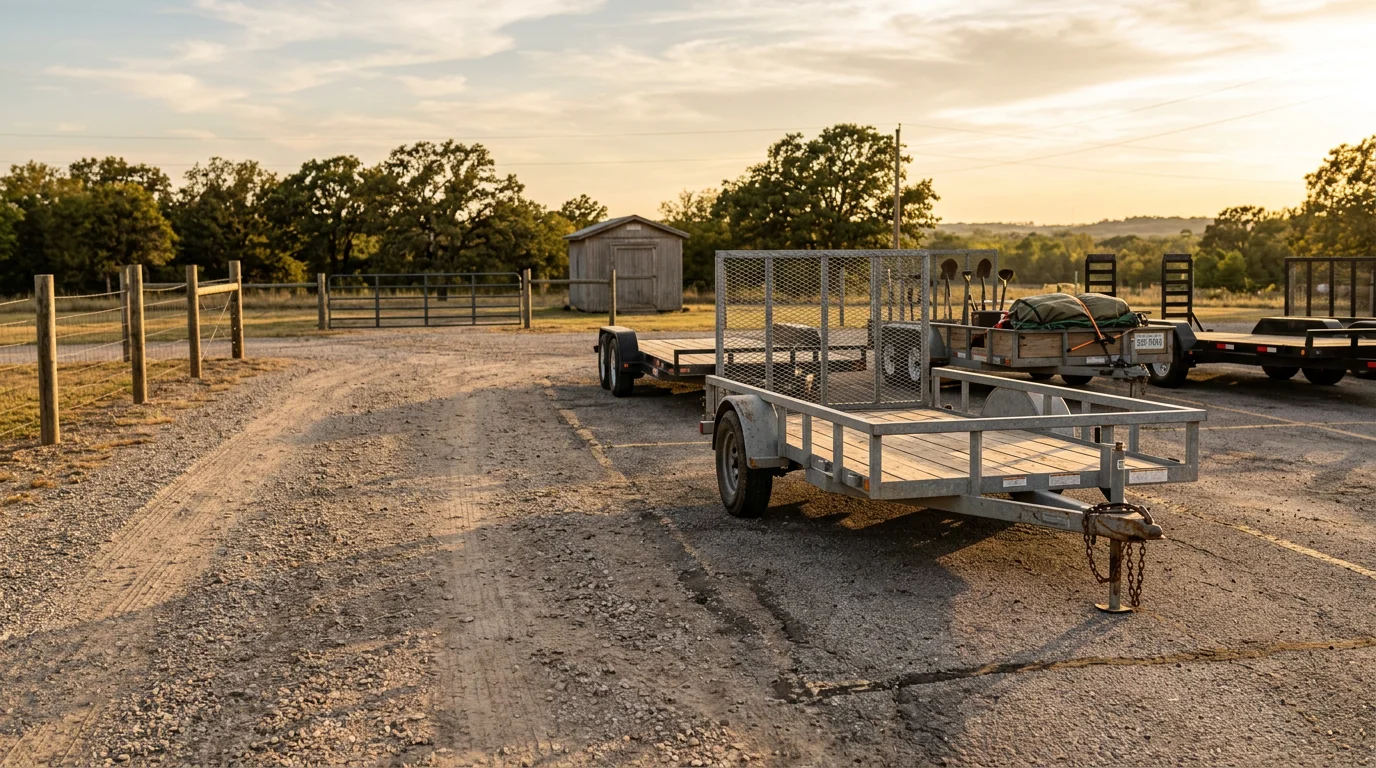 A row of parked trailers on a well-maintained lot at Marshall County Storage in Kingston, Oklahoma. The open parking area shows multiple trailer spaces with clear access lanes for easy entry and exit.