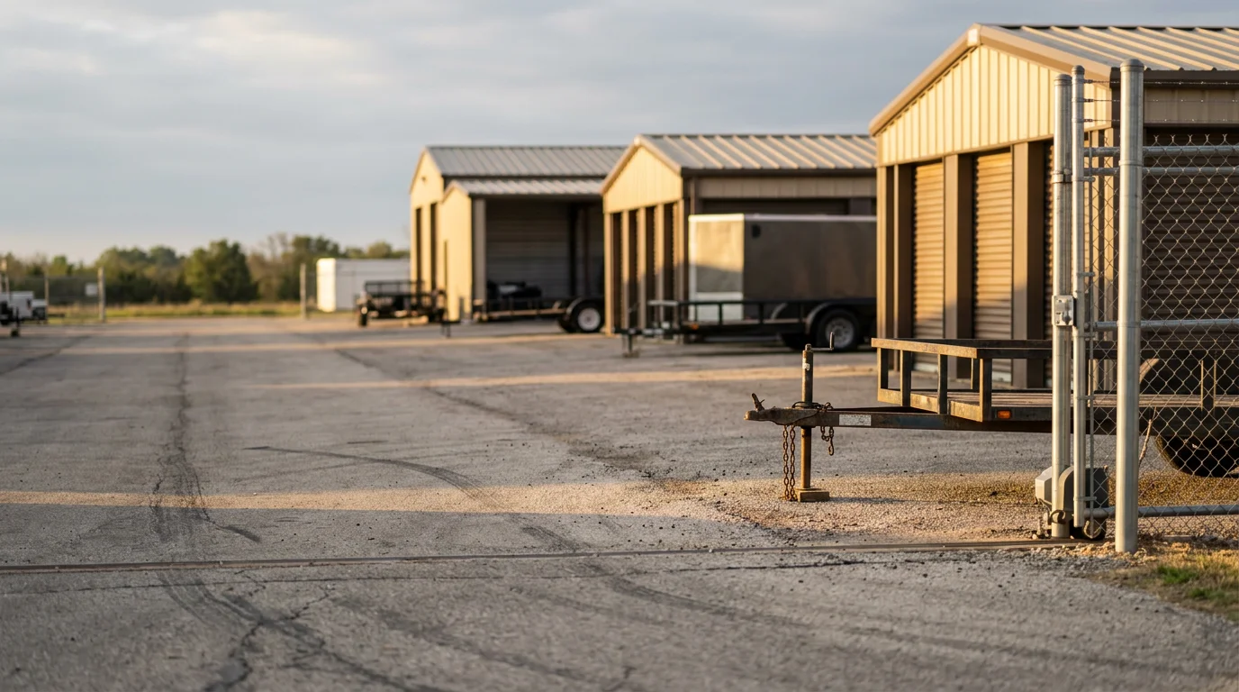 A utility trailer parked in a clean, open storage lot at Marshall County Storage in Kingston, Oklahoma. The surrounding Marshall County landscape is visible in the background under a clear sky.